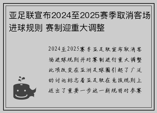 亚足联宣布2024至2025赛季取消客场进球规则 赛制迎重大调整
